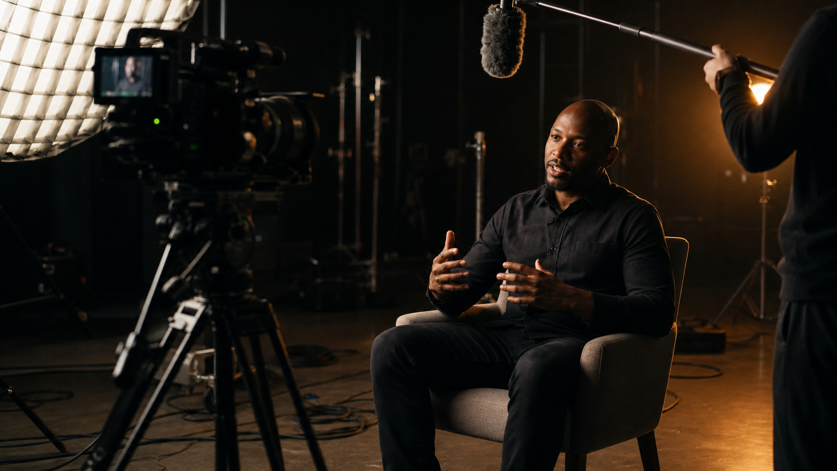 Set di interviste documentarie con softbox e microfono boom in studio ad Asti