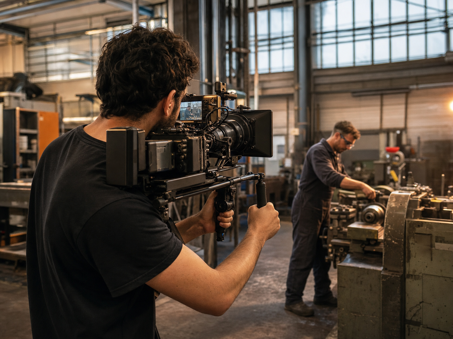 Videomaker riprende un operaio durante un documentario aziendale in un capannone industriale ad Asti