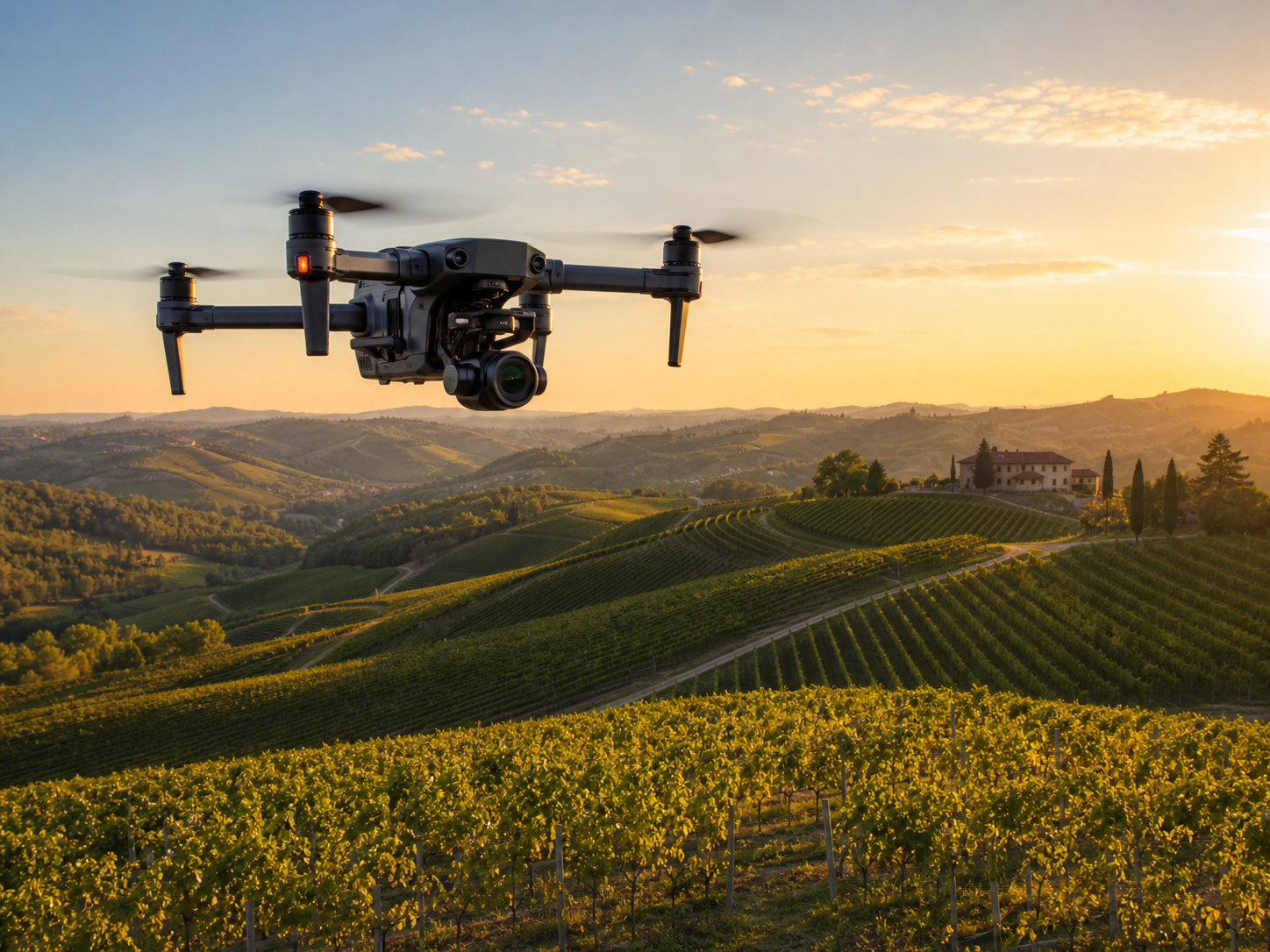 Drone professionale riprende dall'alto le colline vitivinicole intorno ad Asti